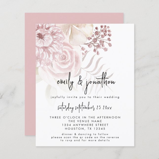 Budget Rose Florals Script QR Code Mariage Invitat (Devant / Derrière)