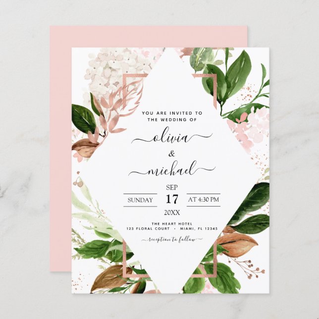 Budget Rose Gold Greenery Invitations de mariage (Devant / Derrière)