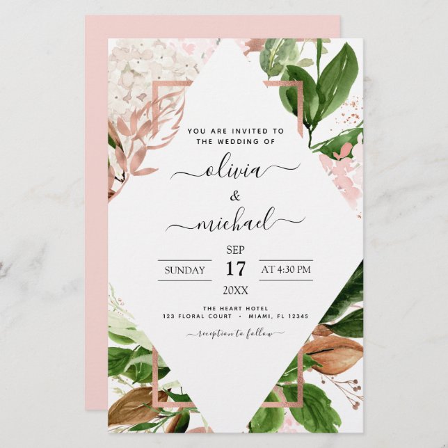 Budget Rose Gold Greenery Invitations de mariage (Devant / Derrière)
