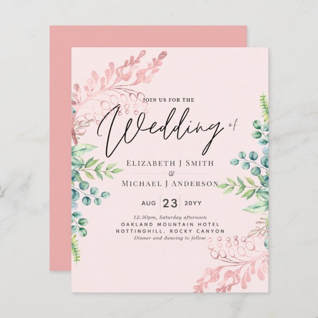 BUDGET Rose Gold Sage Eucalyptus Invitations de ve (Devant / Derrière)