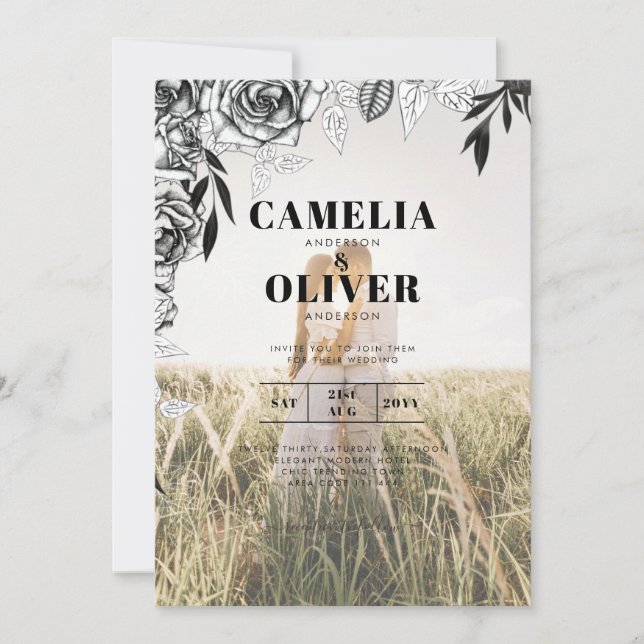 Budget Rose noir PHOTO OVERLAY Mariage Invitation (Devant)