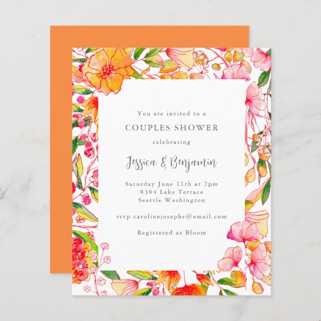 Budget Rose Orange Floral Couples Invitation douch (Devant / Derrière)
