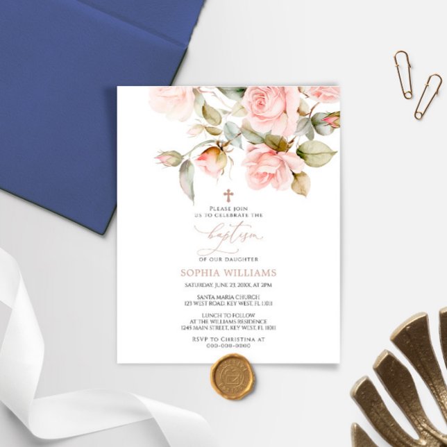 Budget Rose rose et vert Baptême Invitation (Créateur téléchargé)