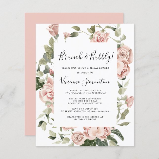 Budget Rose Rose Floral Brunch Bubbly Invitation (Devant / Derrière)