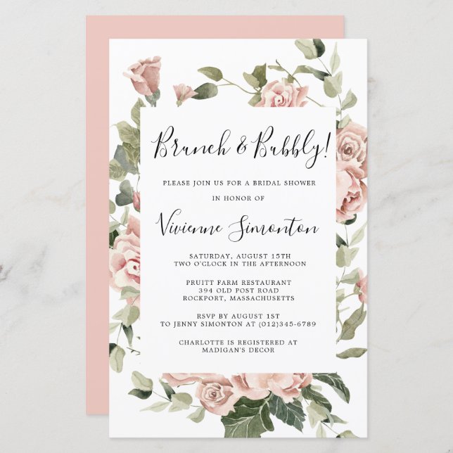 Budget Rose Rose Floral Brunch Bubbly Invitation (Devant / Derrière)