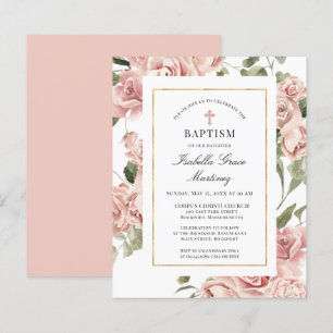 Budget Rose Rose Floral Cross Baptism Invitation