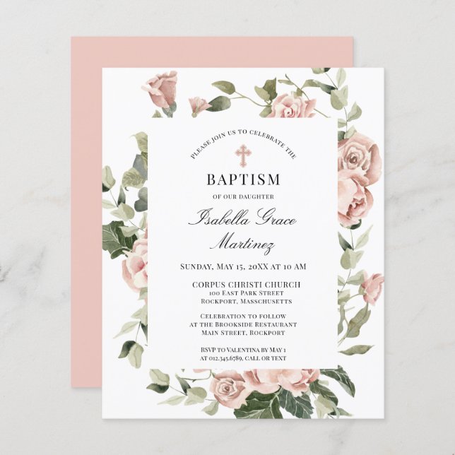 Budget Rose Rose Floral Cross Baptism Invitation (Devant / Derrière)