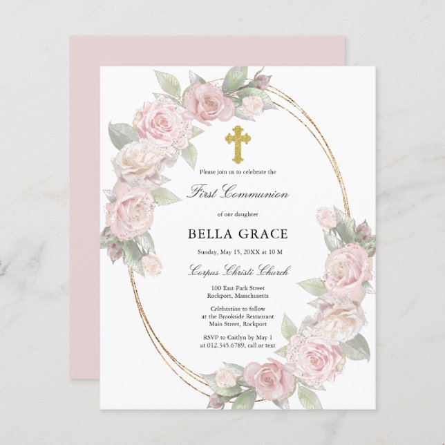 Budget Rose Rose Floral Première Communion Invitat (Devant / Derrière)