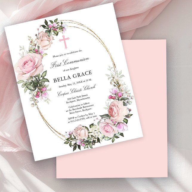 Budget Rose Rose Floral Première Communion Invitat (Créateur téléchargé)