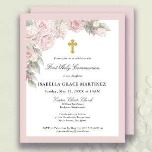 Budget Rose Rose Floral Première Communion Invitat