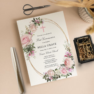 Budget Rose Rose Floral Première Communion Invitat