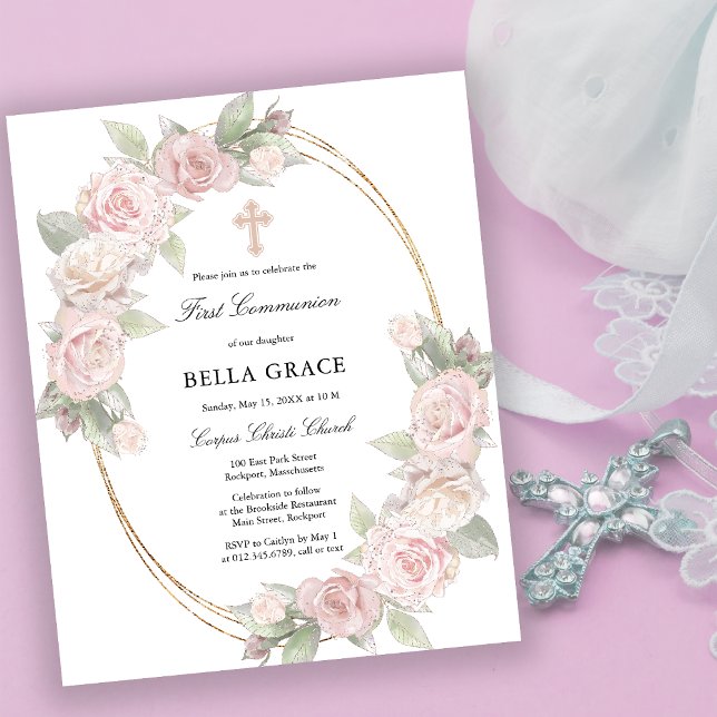 Budget Rose Rose Floral Première Communion Invitat (Créateur téléchargé)