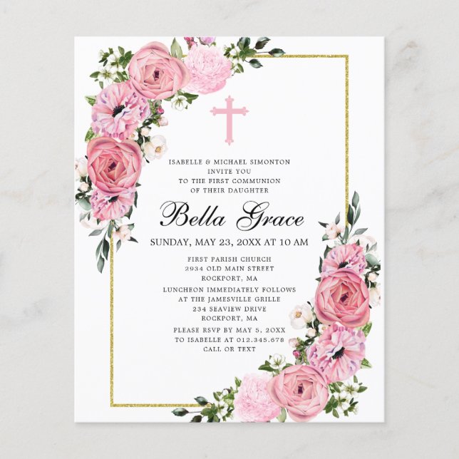Budget Rose Rose Floral Première Communion Invitat (Devant)