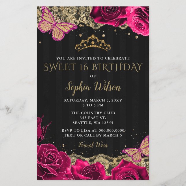 Budget Rose Roses Black Gold Sweet 16 Invitation (Devant)