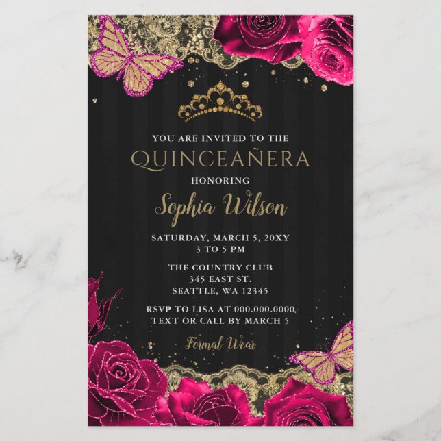 Budget Rose Roses Noir Quinceañera Invitation (Devant)