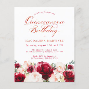 Budget rose rouge Floral Quinceanera Invitation