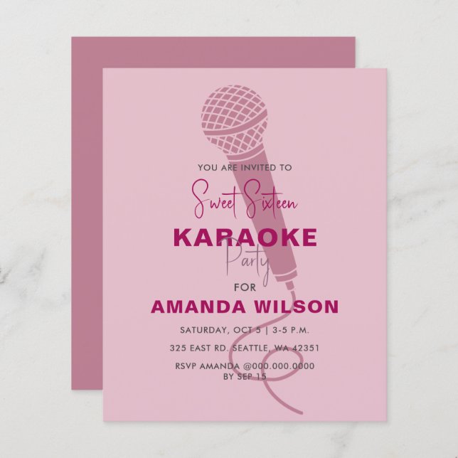 Budget Rose Sweet 16 Karaoke Party Invitation (Devant / Derrière)