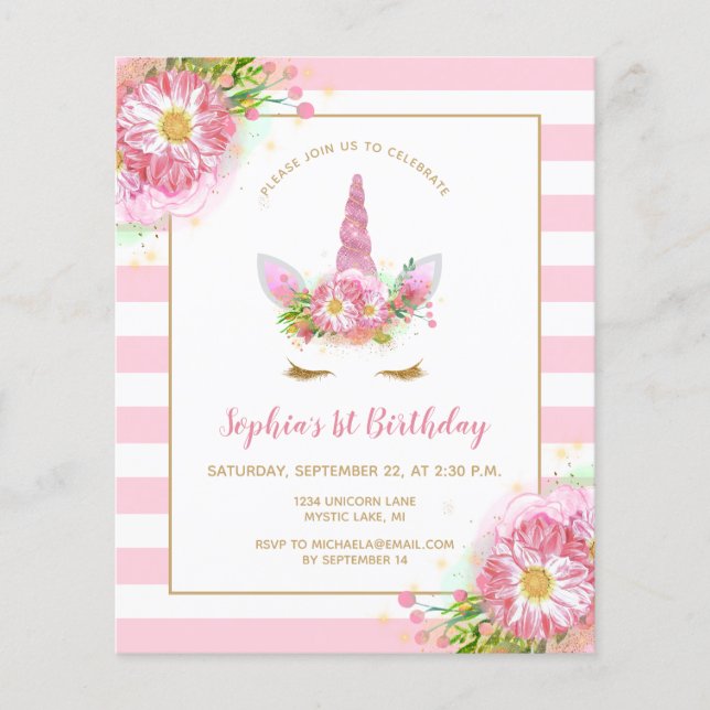 Budget Rose Unicorn Girls Anniversaire Invitation (Devant)