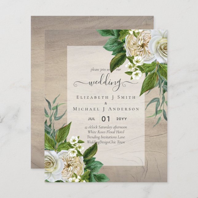 BUDGET ROSES BLANCHES Invitations MARIAGE CHIC (Devant / Derrière)