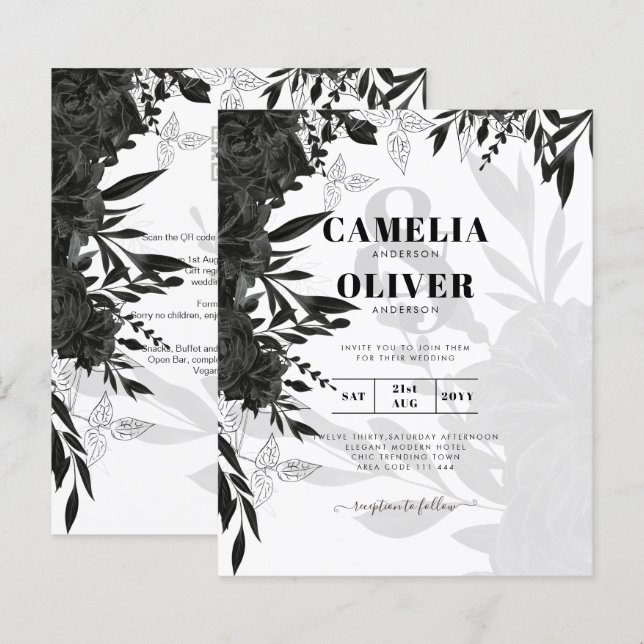 BUDGET Roses Noires Élégante Invitation de Mariage (Devant / Derrière)