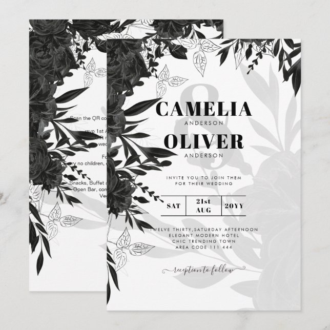 BUDGET Roses Noires Élégante Invitation de Mariage (Devant / Derrière)