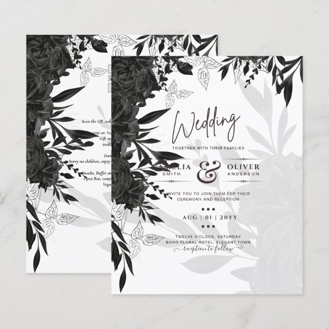 BUDGET Roses noirs Élégant Mariage blanc Invitatio (Devant / Derrière)
