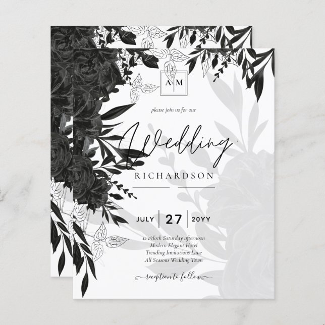 BUDGET Roses noirs Élégant Mariage blanc Invitatio (Devant / Derrière)