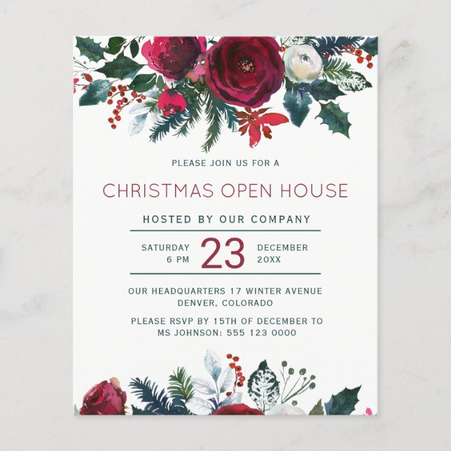 Budget rouge floral Noël open house Invitation (Devant)