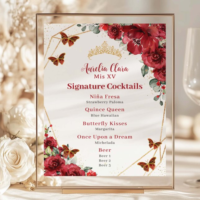 Budget Rouge Floral Quinceanera XV Bar d'anniversa (red-floral-flowers-gold-butterflies-quinceanera-Quinceañera-15-xv-sweet-16-birthday-wedding-menu)
