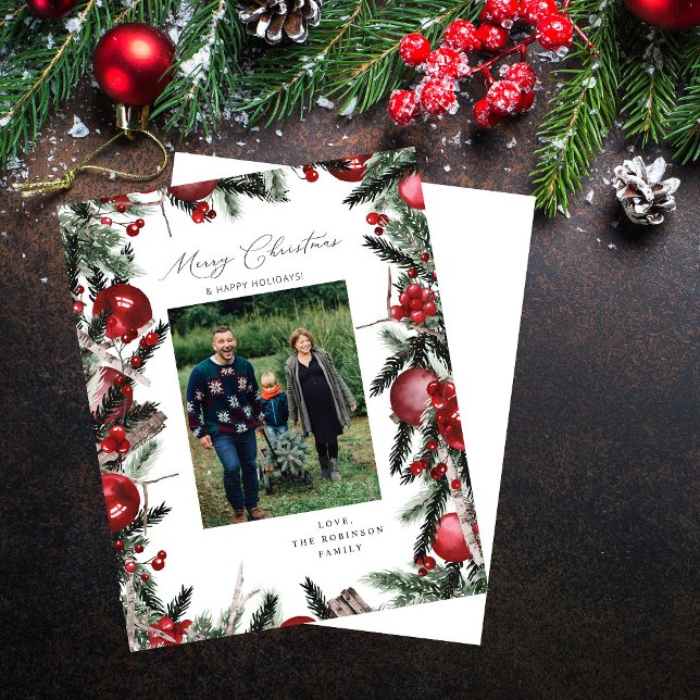 Budget Rouge Ornements & Pine Joyeux Noël Photo (Créateur téléchargé)