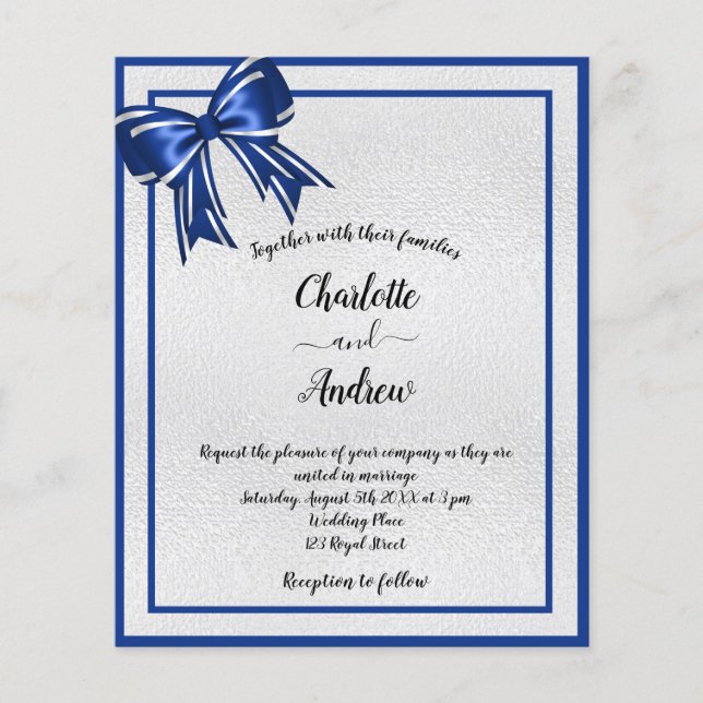 Budget royal bleu argent arc faire-part de mariage (Devant)