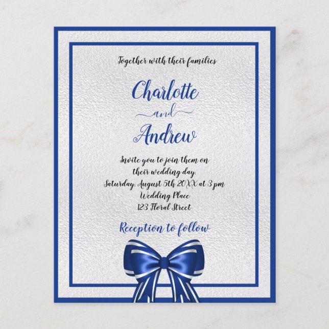 Budget royal bleu argent arc faire-part de mariage (Devant)