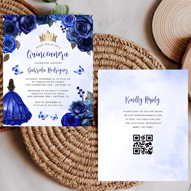 Budget Royal Bleu Floral QR Code Quinceañera (Créateur téléchargé)