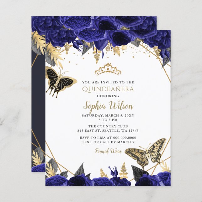 Budget Royal Blue Butterfly Quinceañera invitation (Devant / Derrière)