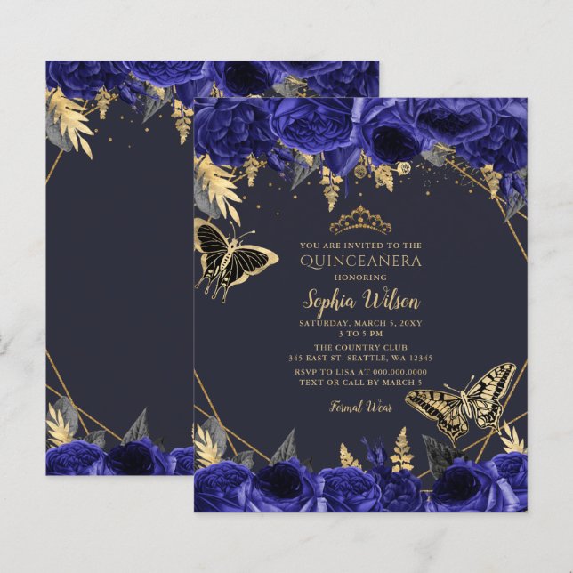 Budget Royal Blue Butterfly Quinceañera Invitation (Devant / Derrière)