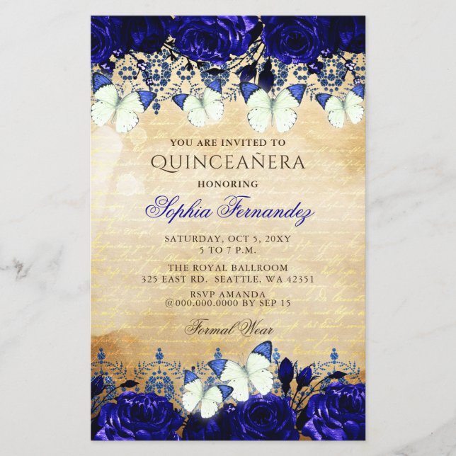 Budget Royal Blue Butterfly Quinceañera Invitation (Devant)