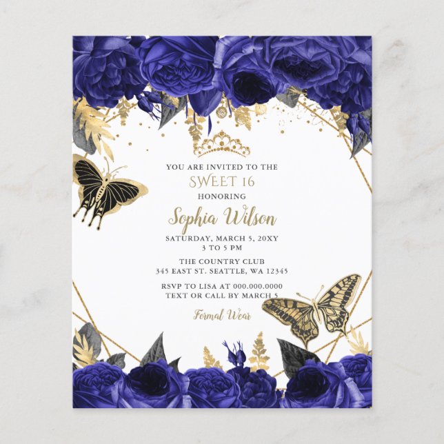 Budget Royal Blue Butterfly Sweet 16 Invitation (Devant)