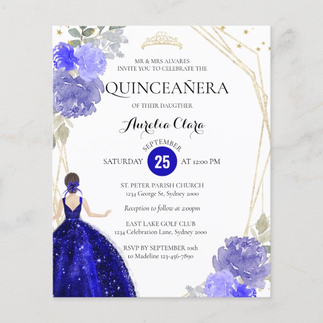 Budget Royal Blue Floral Géométrique Quinceañera (Devant)