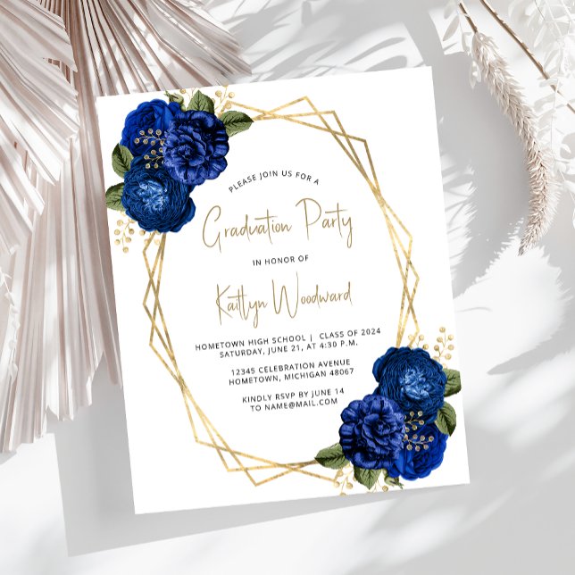 Budget Royal Blue Floral Graduation Party Invitati (Créateur téléchargé)