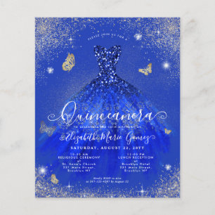 Budget Royal Blue Gold Gown Quinceanera Invitation