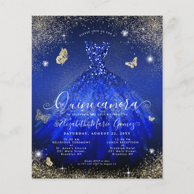 Budget Royal Blue Gold Gown Quinceanera Invitation (Devant)