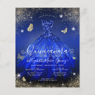 Budget Royal Blue Gold Gown Quinceanera Invitation