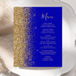 Budget Royal Blue Gold Parties scintillant Mariage<br><div class="desc">Le bord gauche de cet élégant menu mariage moderne présente une bordure de parties scintillant en faux or. Le texte personnalisable combine un script d'écriture fantaisiste couleur or et des polices de cuivre sur un arrière - plan bleu royal. L'envers affiche une parties scintillant bleu royal et or assortie.</div>