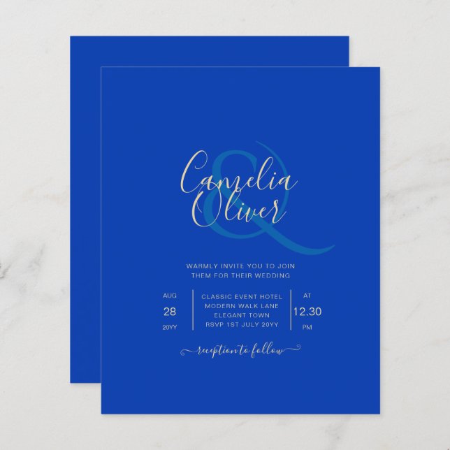 Budget Royal Blue Monochrome Mariage INVITE (Devant / Derrière)