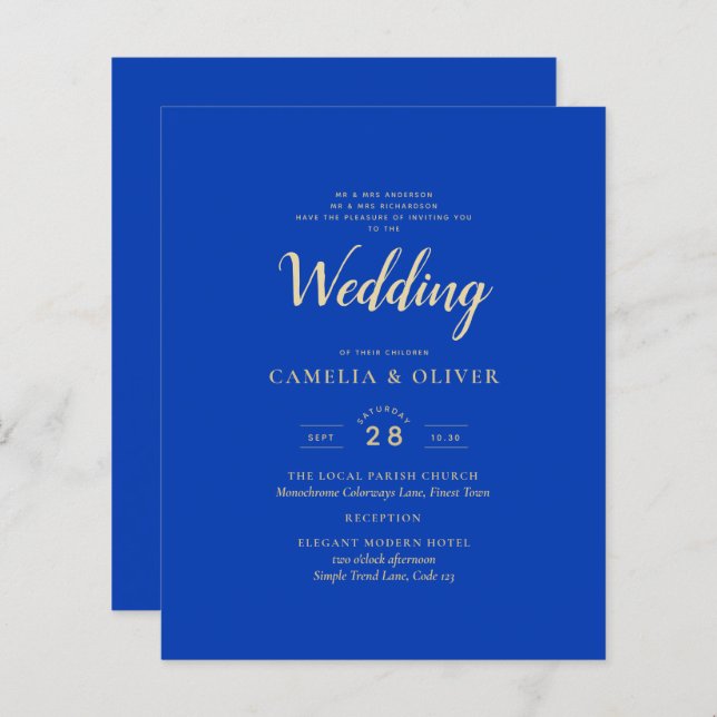 Budget Royal Blue Monochrome Mariage INVITE (Devant / Derrière)