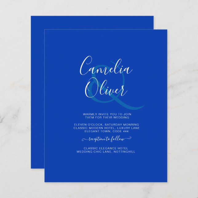 Budget Royal Blue Monochrome Mariage INVITE (Devant / Derrière)