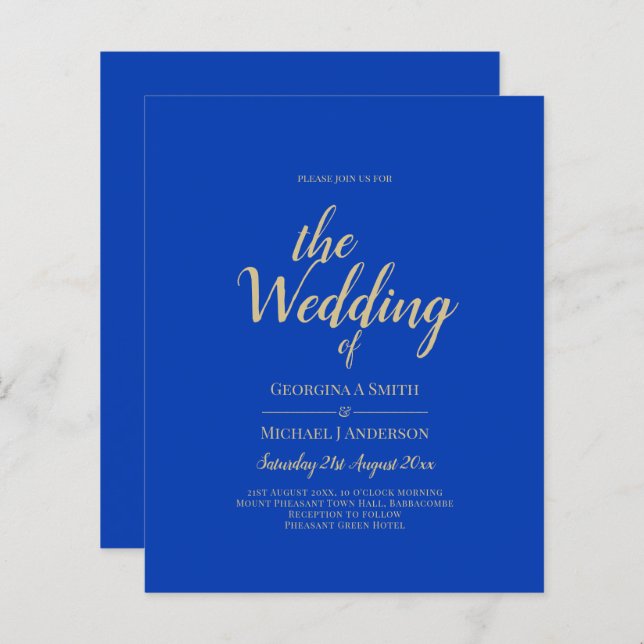 Budget Royal Blue Monochrome Mariage INVITE (Devant / Derrière)