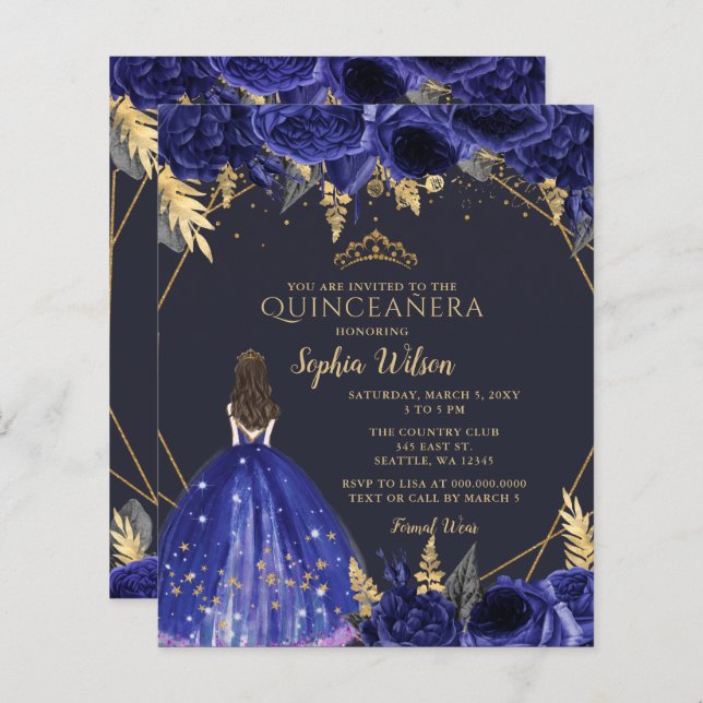 Budget Royal Blue Princess Quinceañera Invitation (Devant / Derrière)