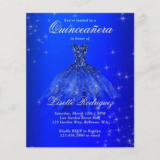 Budget Royal Blue Quinceanera Invitation (Devant)