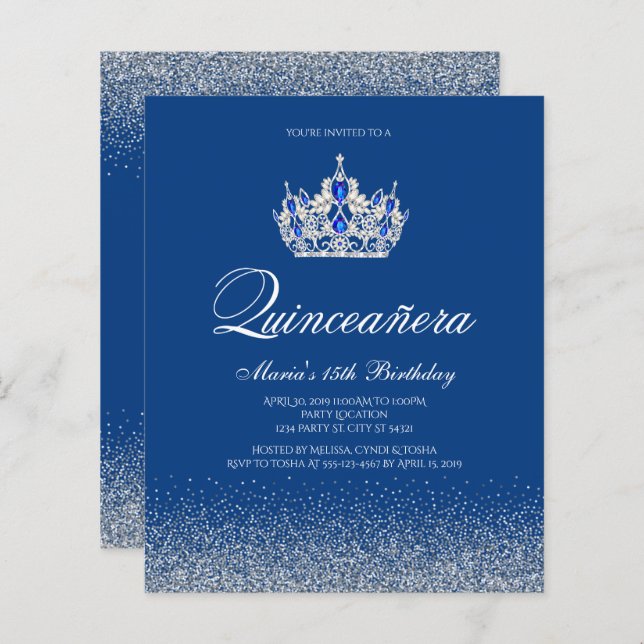 Budget Royal Blue Quinceanera Invitations (Devant / Derrière)
